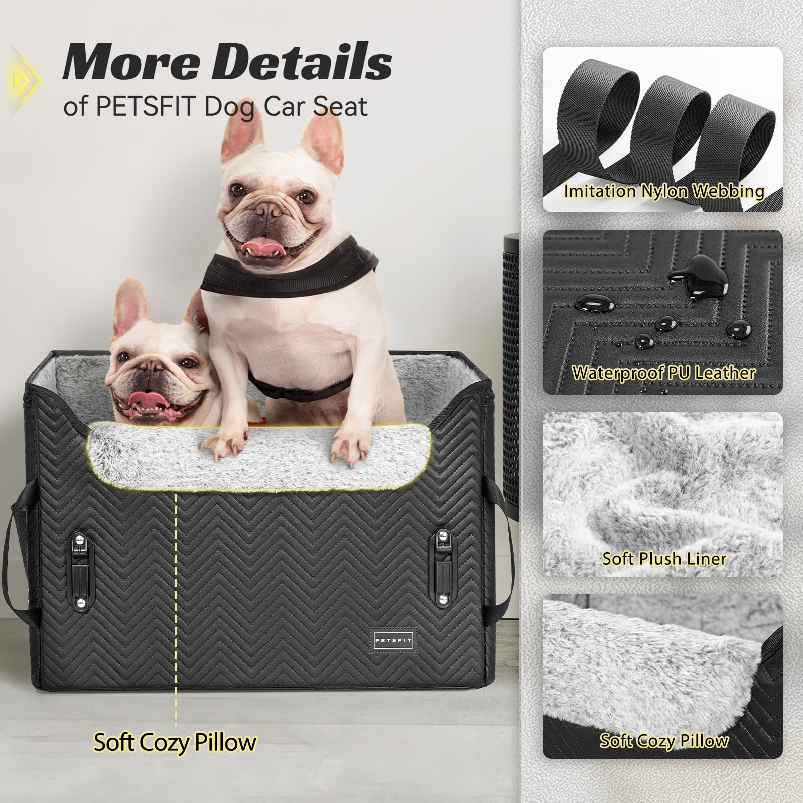 PETSFIT Dog Car Seat Medium Sized Dog, Waterproof PU Leather Dog Seat for Car with Patent Safe Buckles, 2 Clip-On Safety Leashes, Black