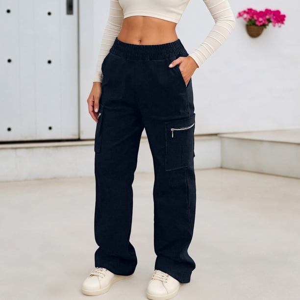 WILLBEST Pantalones Casuales Para Mujer, de Cintura Alta, Holgados, de Pierna Recta, Con Bolsillos Con Cremallera Para Uso Diario y Viajes, Cómodos Pantalones Deportivos Elásticos, Estilo Urbano.