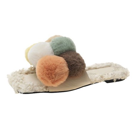 

Fluffy Casual Flat Sandals Non Slip Fluffy Sandals Open Toe Home Flurry Slippers Soft Slippers Plush Ball Slippers 40 Beige