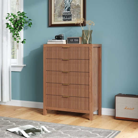 Fluted 5 Drawers Dresser, Modern 5-Drawer Dresser with Textured Front, Wood Chest of Drawers with Gold Handles, Tall Storage Cabinet for Bedroom, Living Room, Hallway, Entryway