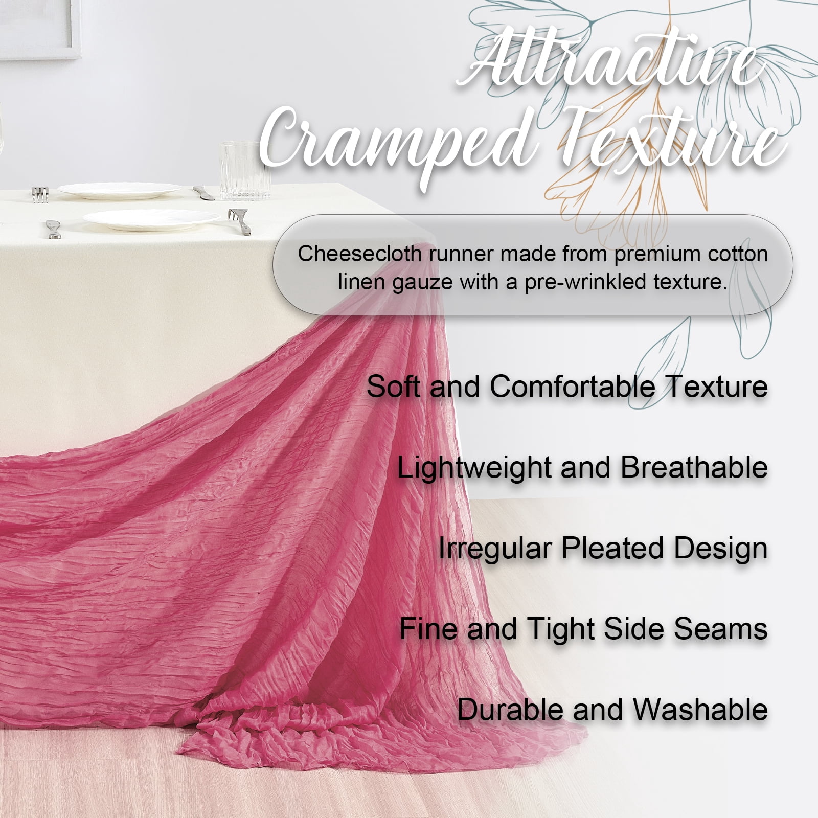 SUNTQ 4 pack Cheesecloth Table Runners,10FT Gauze Boho Cheese Cloth Table Runner for Wedding, Bridal Shower, Rustic Sheer Runner for Fall Thanksgiving Christmas Table Decoration,Fuchsia