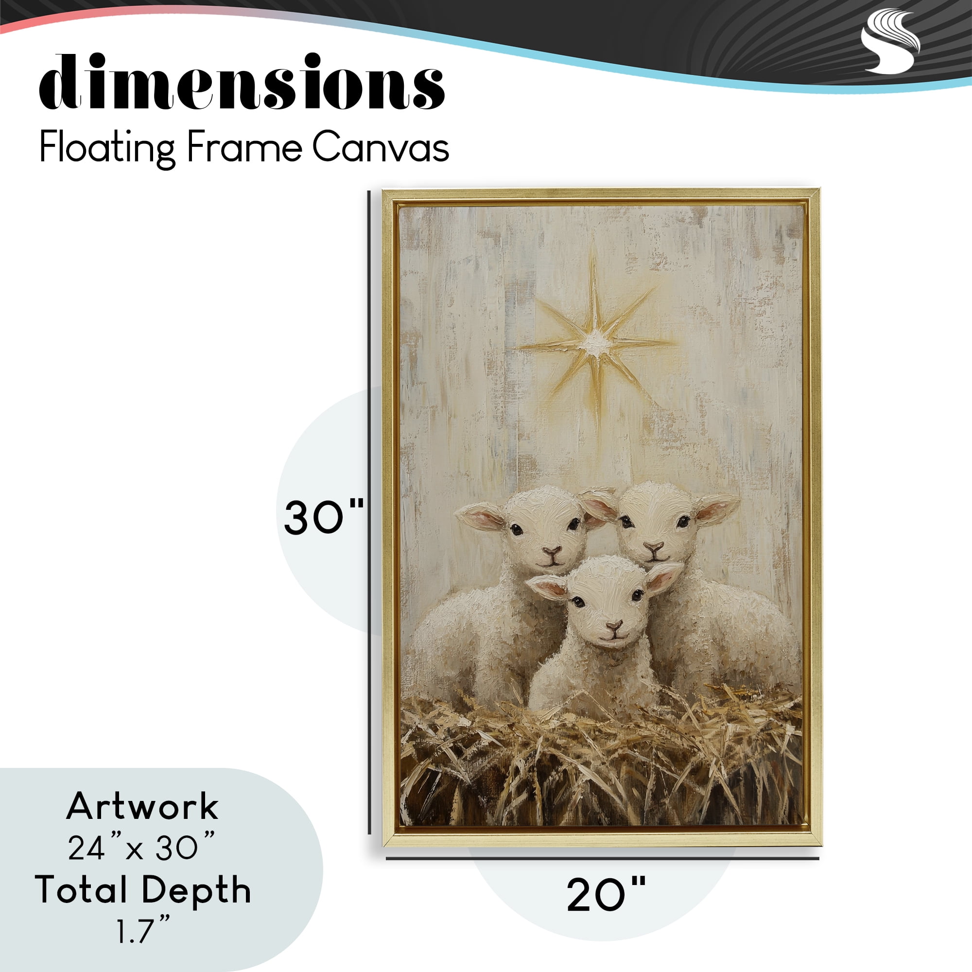 Christmas Lambs Trio Gold Framed Floater Canvas Wall Art, design by Petal Prints Design