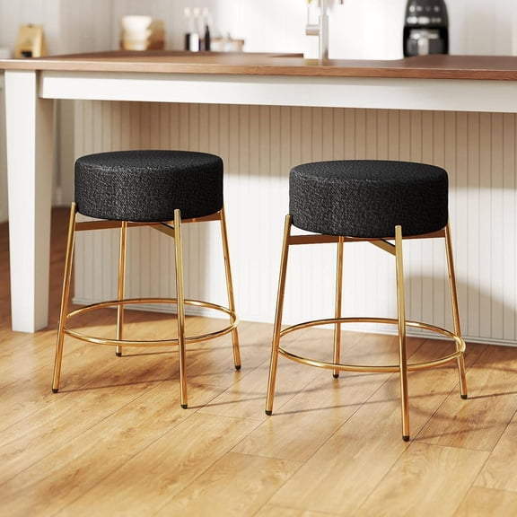 Swivel Bar Stools Set of 2, 24" Counter Height Backless Barstools with Round Bouclé Seat and Gold Metal Legs, Black