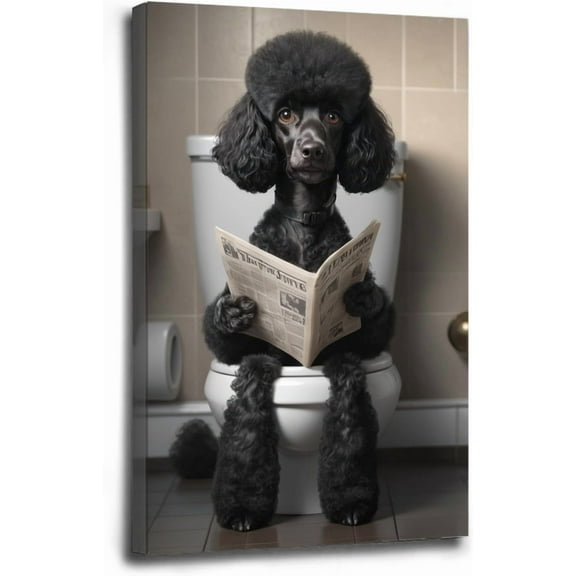 AVOI Funny dog in bathroom sitting on toilet reading newspaper funny bathroom wall decor animals in toilet dog gift ideas bathroom decor wall art canvas wall art for dog lovers Unframe: 12x12in
