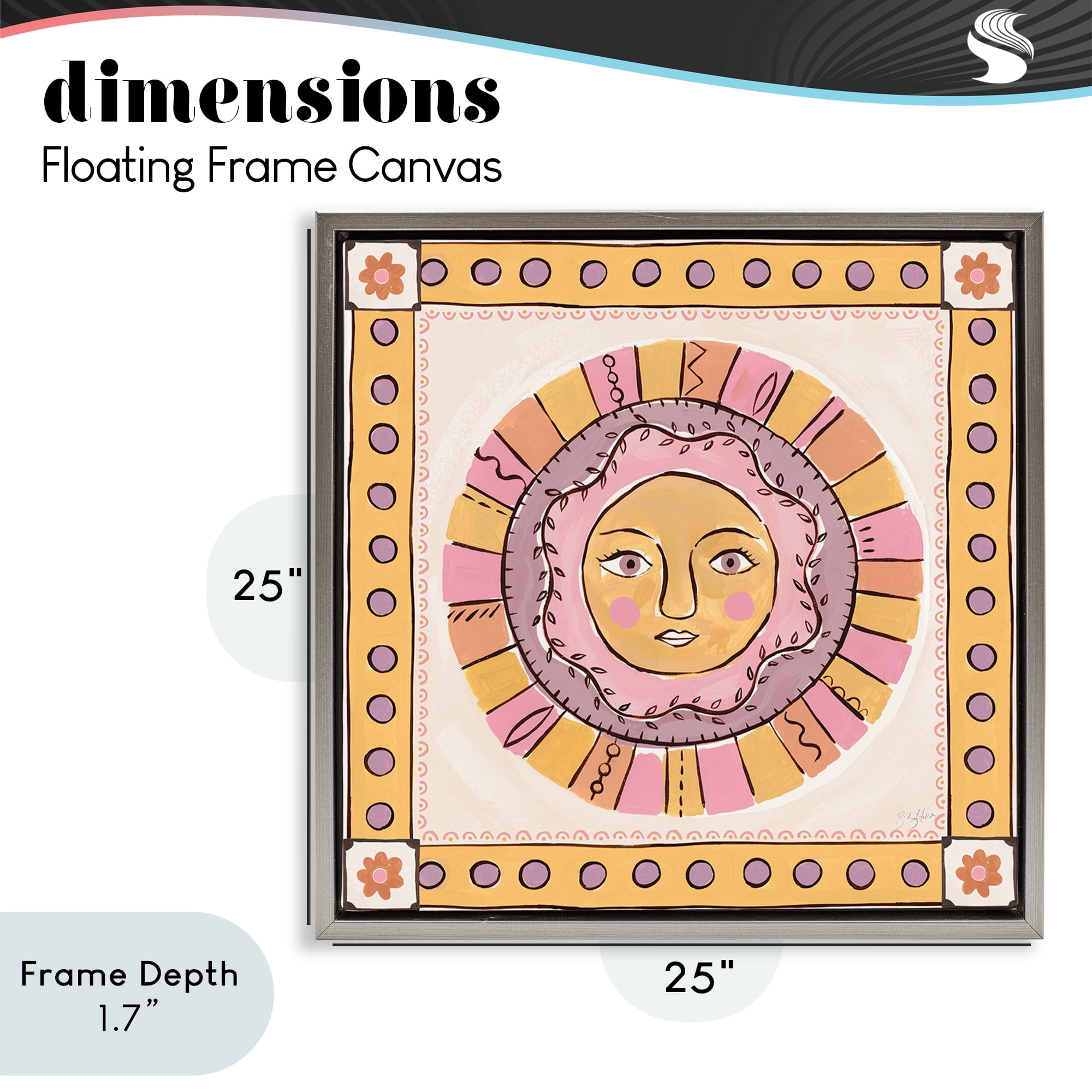 Stupell Industries Pastel Sun Face with Border Gray Framed Floater Canvas Wall Art, design by Two If By Sea Studios