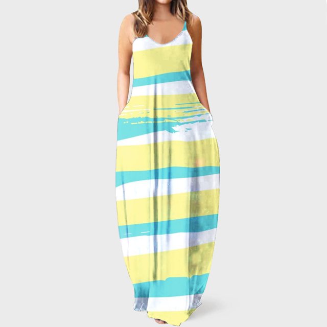 Jienlioq Robe Femme Grande Taille Liquidation Mode Femme Bretelles Taille Mi-Haute Col en V Sans Manches Rayé Floral Imprimé Mince Robe Longue de Plage