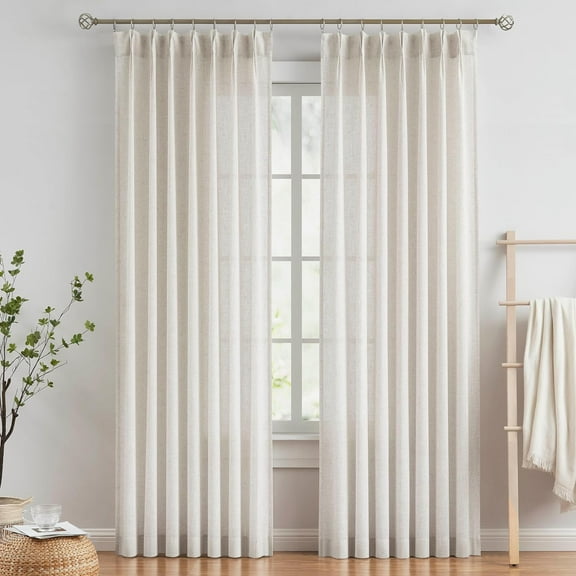 Natural Pinch Pleated Semi Sheer Curtains Textured Linen Blended Light Filtering Window 102 inch for Living Room Bedroom Pleat Drapes with Hooks 2 Panels 42" Wx102 L
