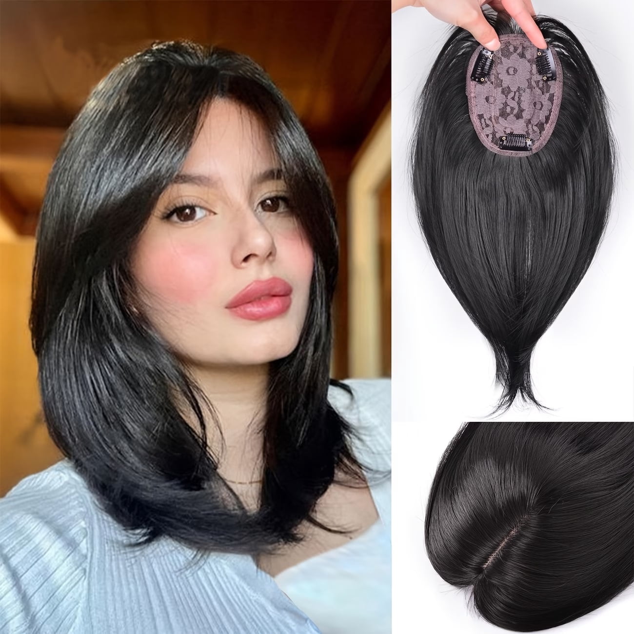 1pc, black 12-inch hair straightening piece for women, with 3 clips, synthetic hair piece, suitable for thin hair, including bangs - perfect choice for Mother's Day