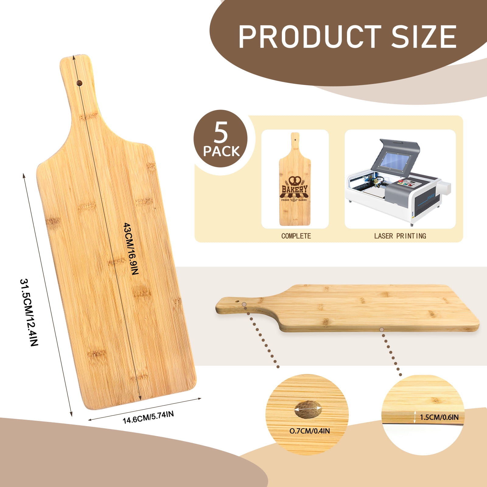 5 PCS Wood Cutting Board Bulk Chopping Board Laser Engraving Serving Board with Handle Charcuterie Boards for Customized Housewarming Gift 17" x 5.8" Bamboo