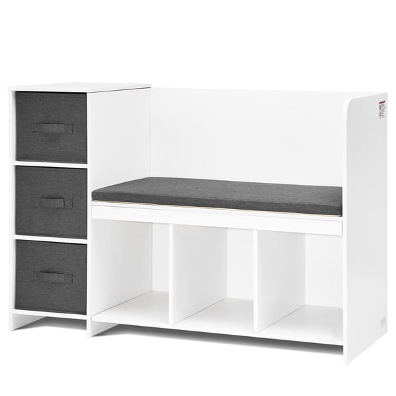 Kids Reading Nook Bench with Detachable Cushion 6 Cubby Storage Organizer 3 Drawers Bookshelf Bookcase for Playroom Bedroom Living Room Entryway White