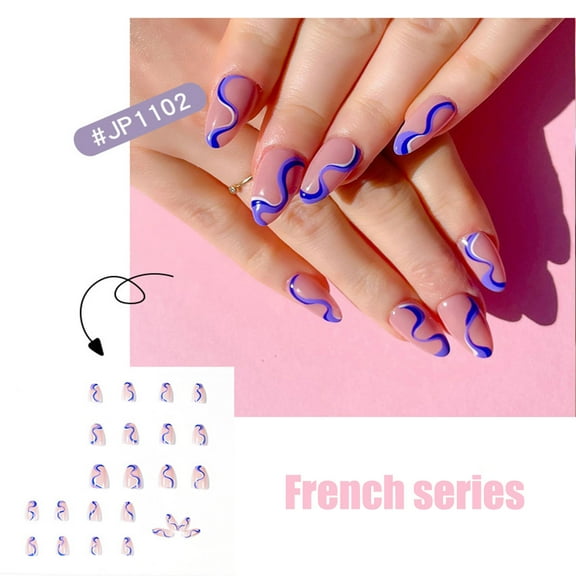 KeirineCC Press on Nails Almond,Medium Fake Nails,Nude French Tip Nails with Blue Swirls Design,Full Cover Reusable Artificial Coffin Nails,Glossy Nails Set Glue on Nails Stick on Nails for Women