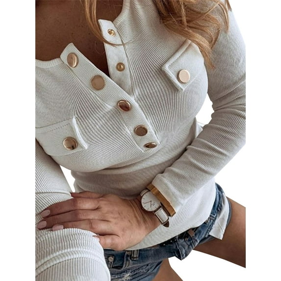 Frontwalk Women Knitted Top Ribbed Knit Jumper Tops Solid Color Pullover Weekend Comfy Tunic Blouse Pocket White M