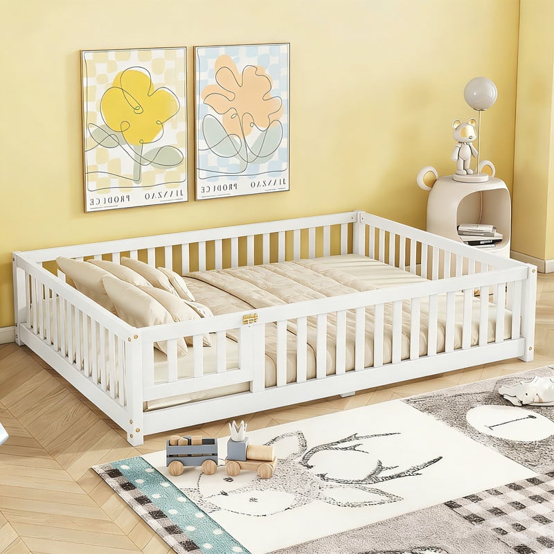 Montessori Bed with Rails, Full Size Floor Bed with Door & Slats Support, Wood Playhouse Bed with Fence, No Box Spring Needed,White