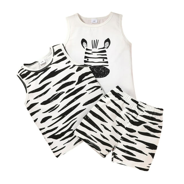 Kmbangi Toddler Summer Outfit Zebra/Letters Tank Tops + Elastic Waist Shorts