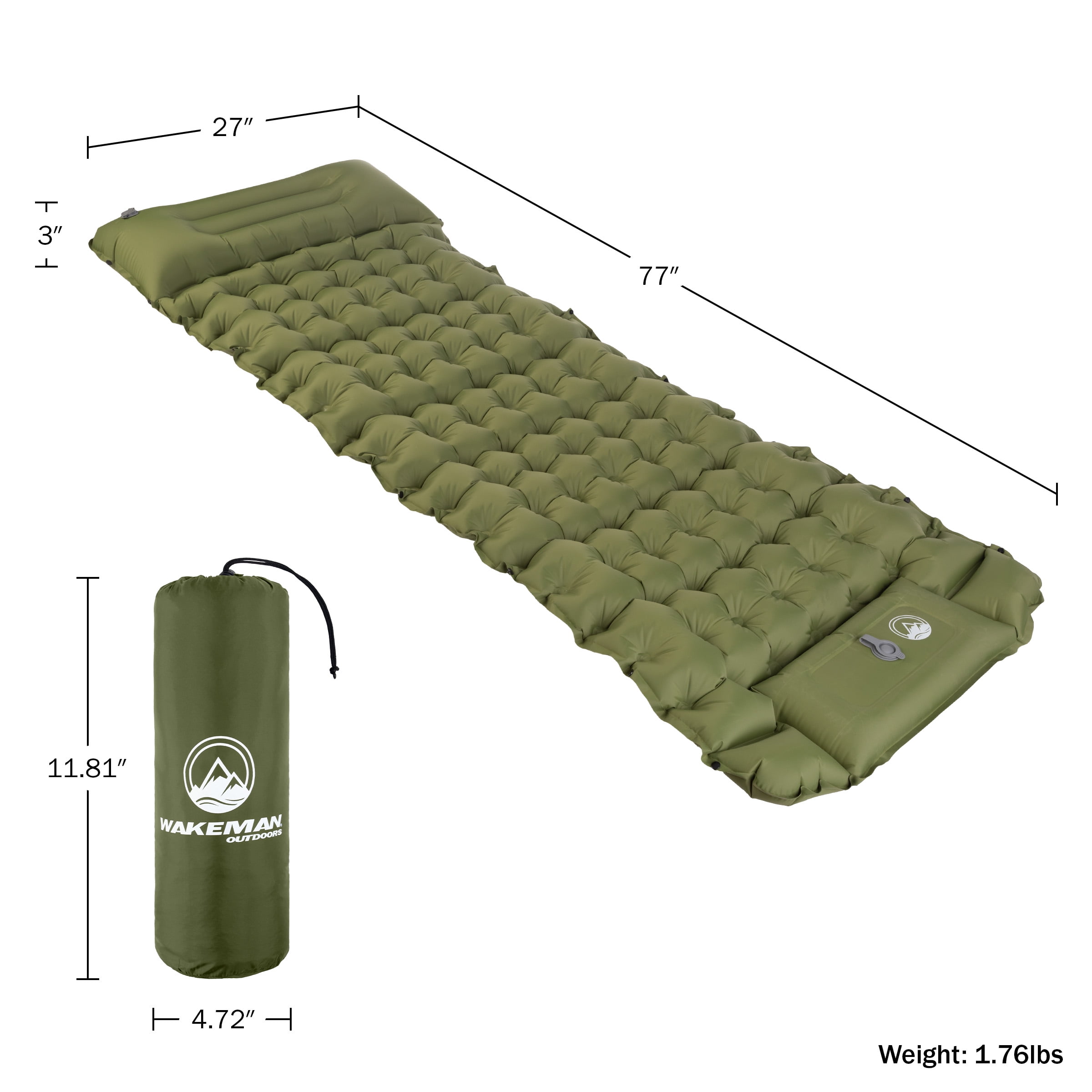 Wakeman Outdoors Inflatable Sleeping Pad with Built-in Foot Pump, Olive