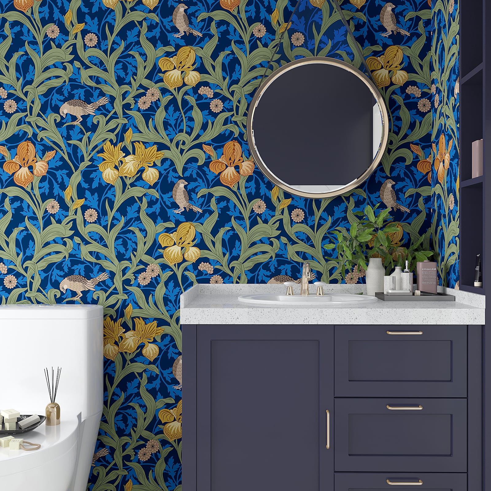 VEELIKE 17.7''x354'' Blue Bird Damask Vintage Floral Wallpaper for Bedroom Peel and Stick Wallpaper Boho Removable Self Adhesive Flower Wall Mural Blue Floral Contact Paper for Cabinets Drawers
