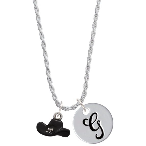 Delight Jewelry Silvertone Black Cowboy Hat Silvertone Script Initial Disc - G - Charm Necklace, 20"+3"