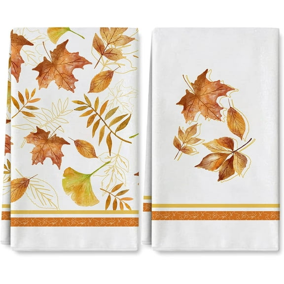 Fall Kitchen Dish Towel 18 x 26 Inch Autumn Leaves Tea Towel Rustic Maple Leaves Dishcloth Farmhouse Hand Drying Cloth Towel for Holiday Kitchen Cooking Baking, 2 Pack