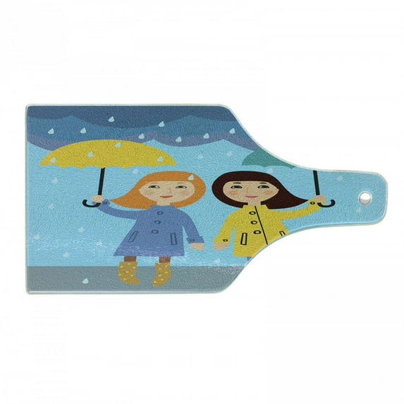 Umbrella Girl Cutting Board, Cartoon Design of 2 Little Females Standing Under the Rain, Decorative Tempered Glass Cutting and Serving Board, in 3 Sizes, by Ambesonne