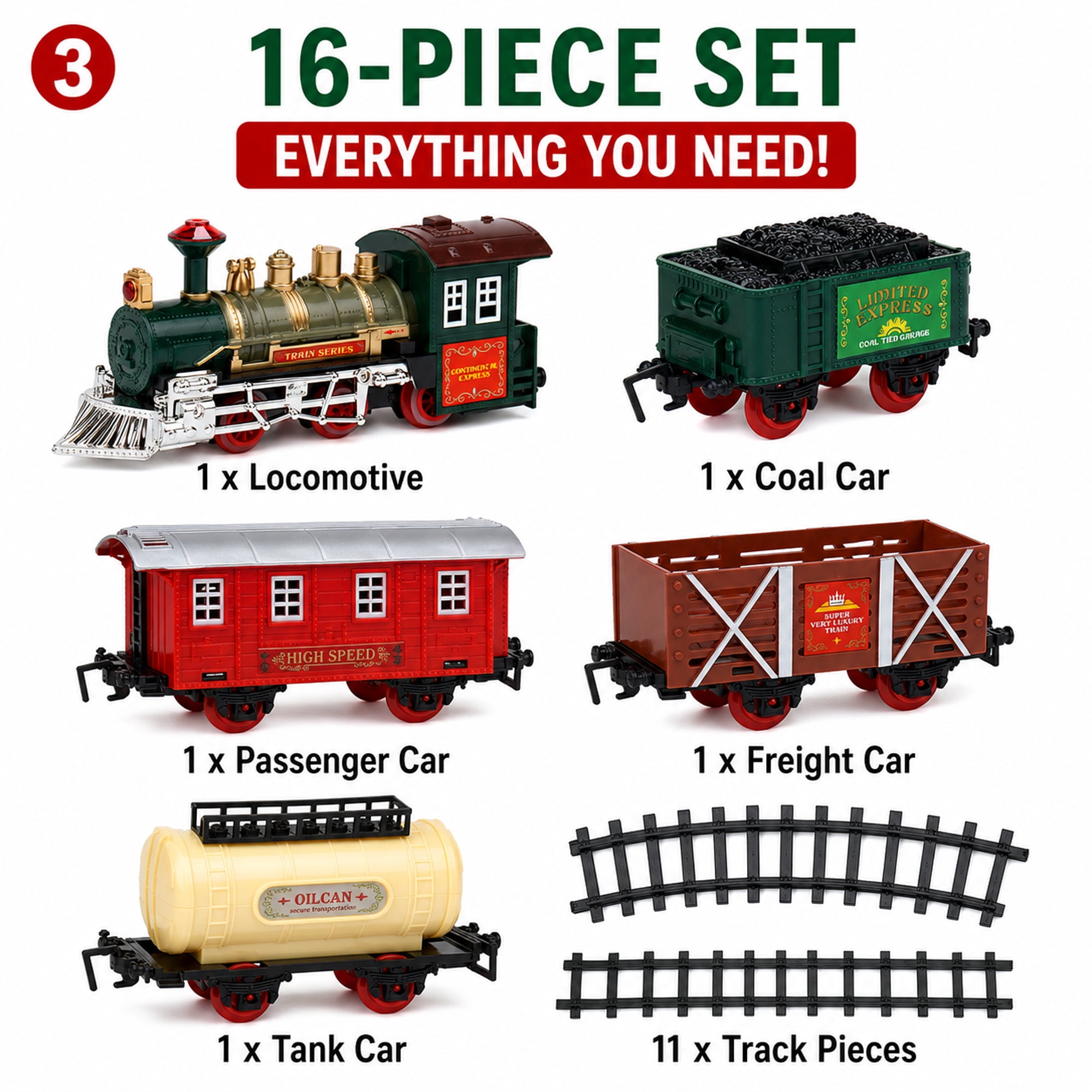 Battery Powered Toy Train Set for Kids Ages 3+, Lights & Sounds, 5 Train Cars, 53 x 30 in Track