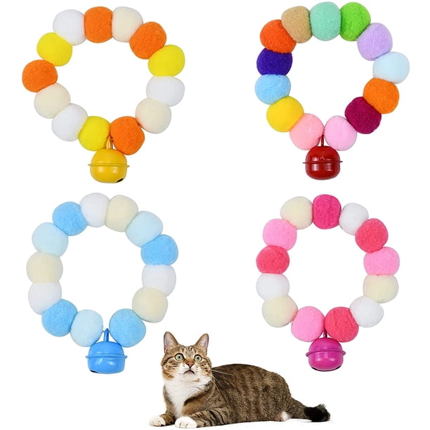 Collar de gato con campana, collar de gato elástico, collar de gato antiestrangulamiento, collar suave con pompón para gato gatito cachorro con campana y hebilla de seguridad 4 piezas (S) Rojo Verde