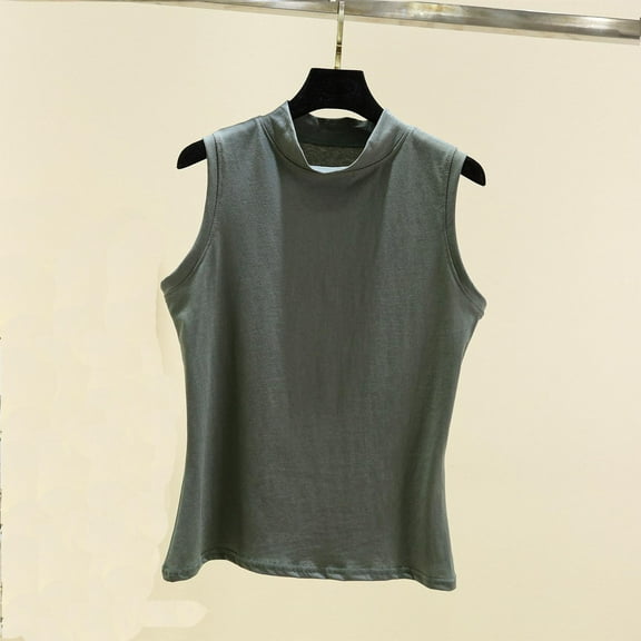 QUINDOS Summer Shirts for Women Cotton Sports Gray Solid Round Neck Half High Collar Sleeveless Round Neck Tank Tops for Women