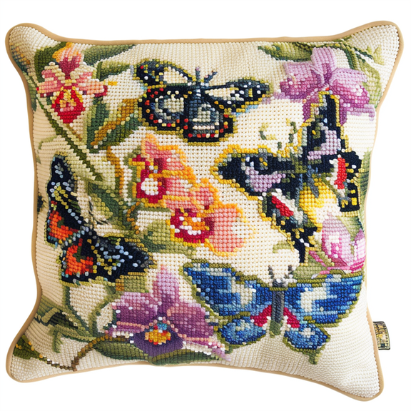 Butterfly And Flower Cross Stitch Kits Pre Stamped Pillowcase , 45X45cm , Needlepoint Craft Set Handmade Craft for Sofa Home Decor (11 Count)