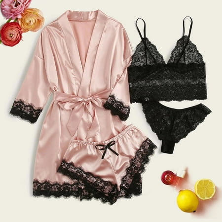 

Pxiakgy lingerie for women 4PC Women Lace Satin Bra Camisole Shorts Pajamas Sleepwear Robe Lingerie Set Pink + S