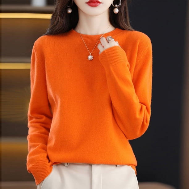 Suéter de cachemira pura de otoño e invierno para mujer, jersey corto de cuello redondo, jersey de manga larga de lana de tubo recto, suéter versátil