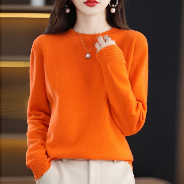 Suéter de cachemira pura de otoño e invierno para mujer, jersey corto de cuello redondo, jersey de manga larga de lana de tubo recto, suéter versátil