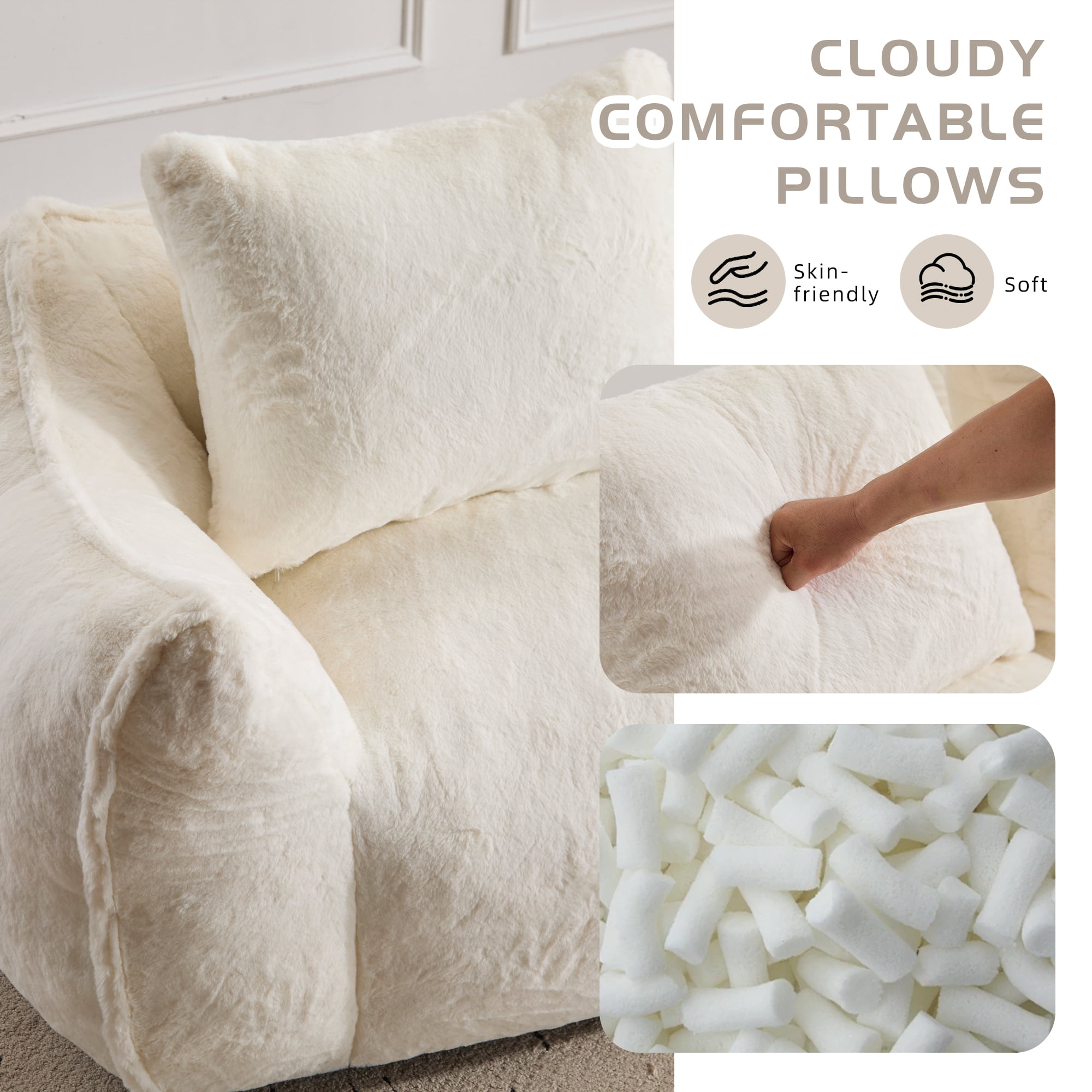 FFH Bean Bag Chair for Adults, 75" Oversized Loveseat Bean Bag Sofa with 2 Pillows, Lazy Sofa Reading Chaise Lounge Couch for Living Room, Bedroom, White