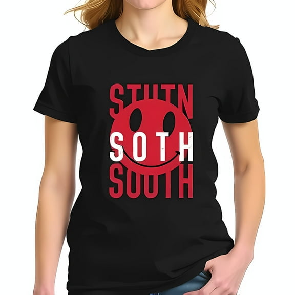 Stylish Black Cotton Short Sleeve T-Shirt with Bold Red Graphic " STUNN " & " SOUTH " Text Unique Design