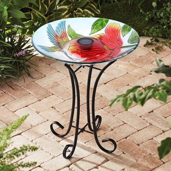 Hi-Line Gift Ltd 78415-N Solar LED Floral Glass Bird Bath with Stand - Hummingbird & Large Poppy
