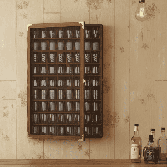 Ymokee Solid Wood 72 Slots Wall-Mounted Shot Glass Display Case with Acrylic Lockable Door & Removable Shelves for Houshold, 26.85'' x 17.5'' x 3.35'', Brown