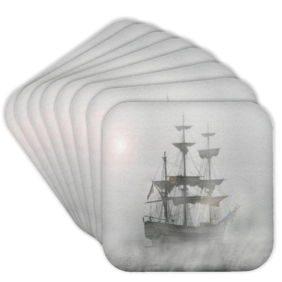 3drose, Image of Pirate Boat in Fog, Set of 8 Coasters - Cork