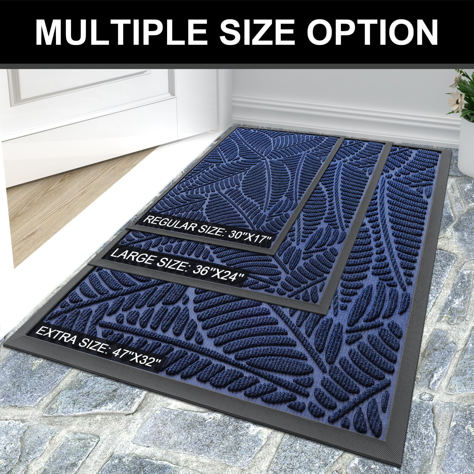 Buganda Waterproof Doormat, Non Slip Absorbent Rubber Door Mat for Outdoor and Indoor, Low Profile Dirt Trapper Front Door Rug, 48"x32",Navy