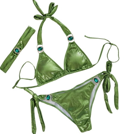 JIANJIA Swim Suits for Women Summer Gradient Print Lace Up Halter Sexy Sparkly Brassiere With Thongs Split Beach Hair Band Three Piece Bikinis Swimwears Activewear Green L