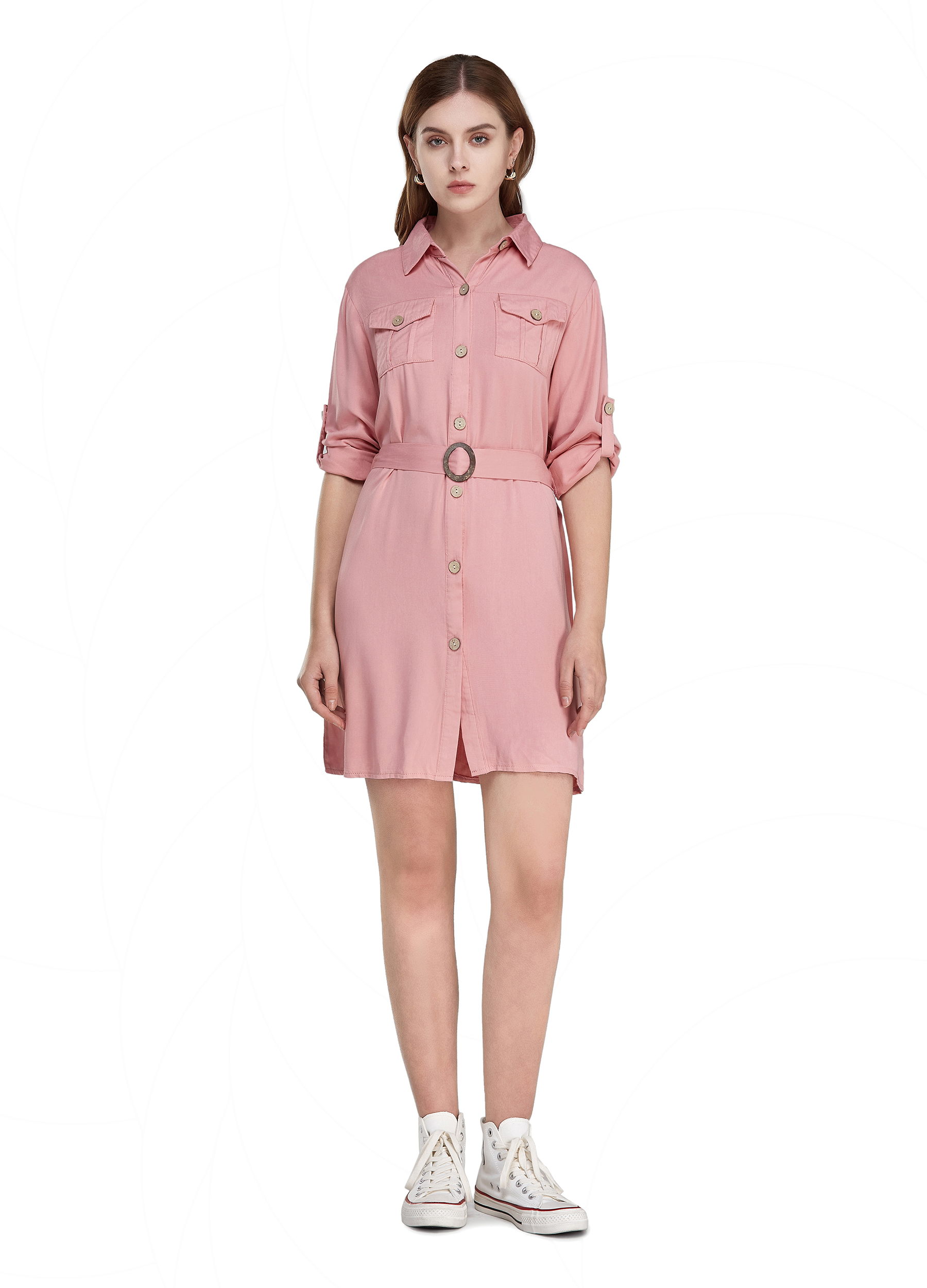 MECALA Women 3/4 Long Sleeve Button Down Shirt Dress Casual Midi Dress Pink L - image 2 of 10