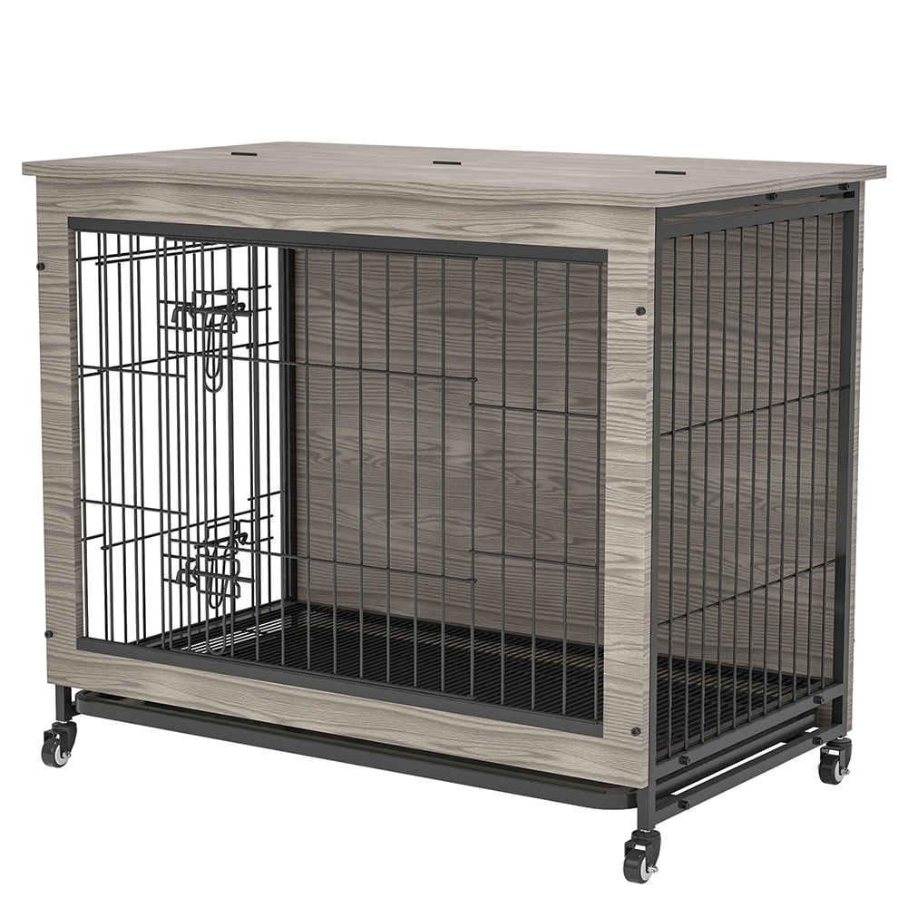 Kadyn Modern Kennel for Dogs Indoor up to 80 lb, Dog Crate Furniture, Side End Table, Heavy-Duty Dog Cage with Multi-Purpose Removable Tray, Double-Door Dog House, Gray