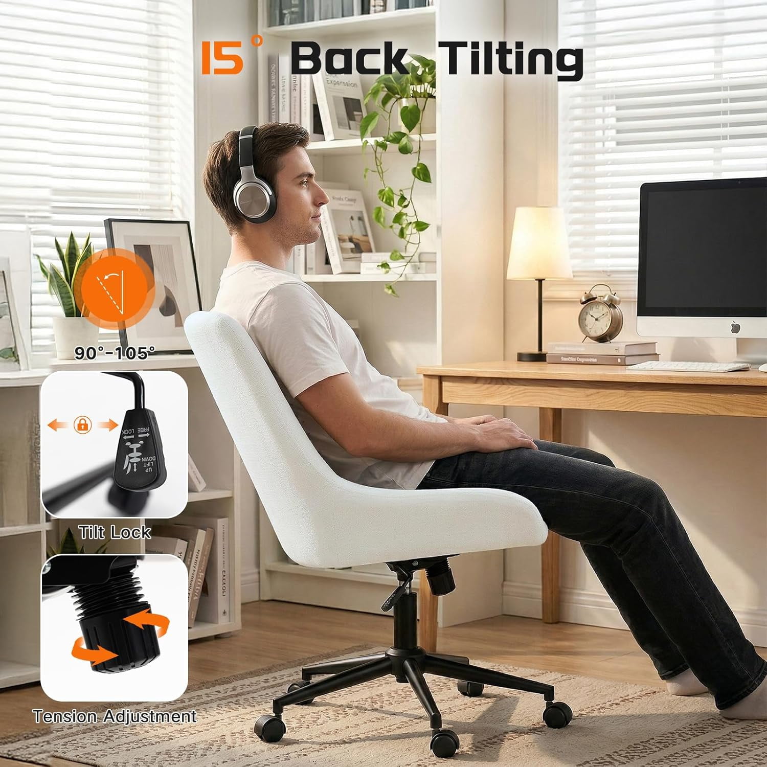 Breathable Linen Fabric Home Office Chair, Comfortable Armless Task Chair Swivel Rolling Adjustable Height Home Office
