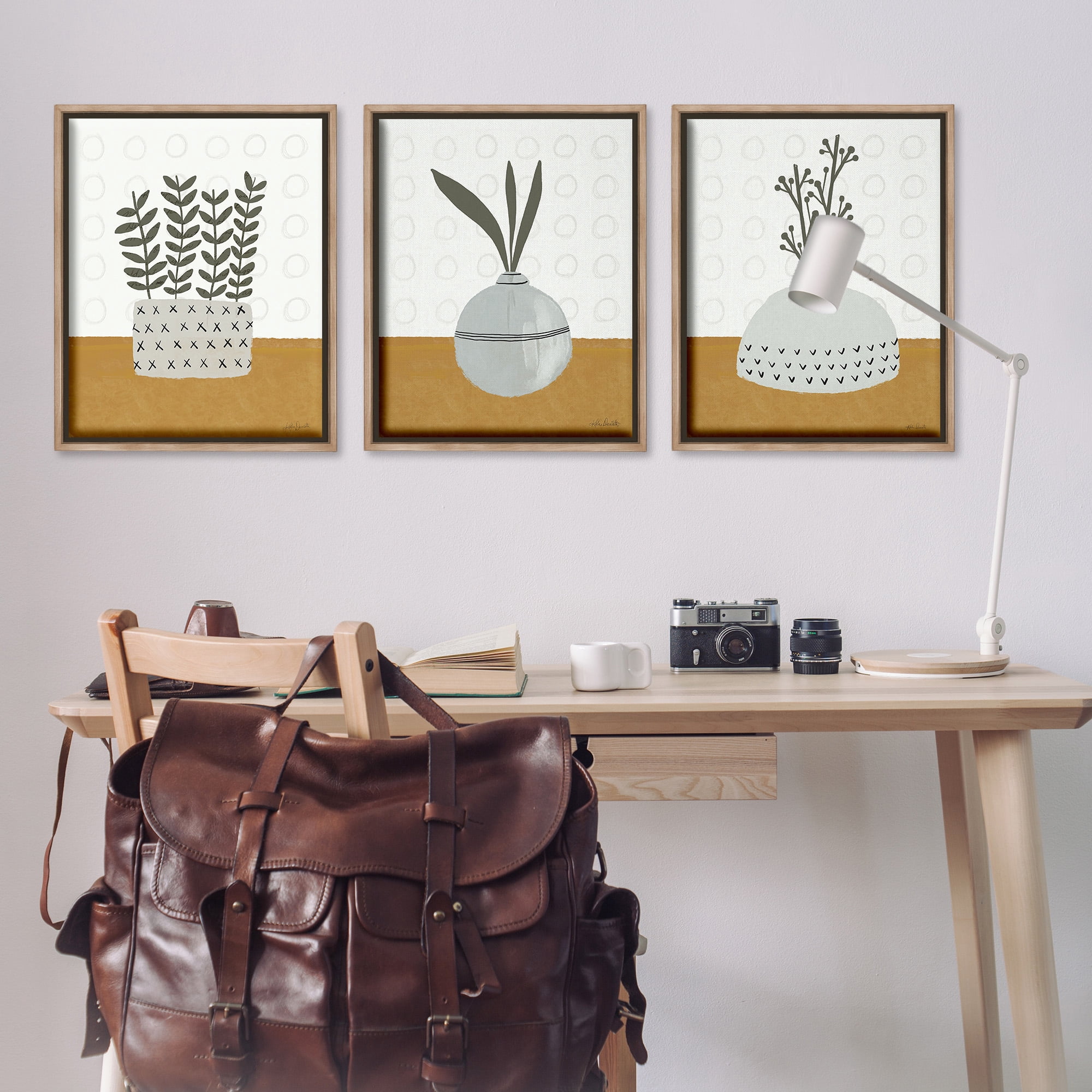 Stupell Industries Contemporary Plant Vases Botanical & Floral Painting Brown Floater Framed Canvas Art Print Wall Art, 25 x 31, Set of 3