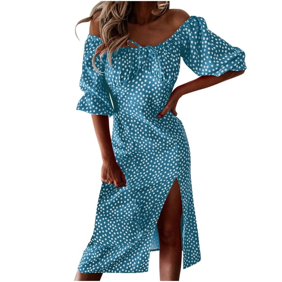 SCSAlgin Women's Half Sleeve One Shoulder Slit Midi Dress Lace Up Dots Printed Dresses Casual Loose Beach Dress