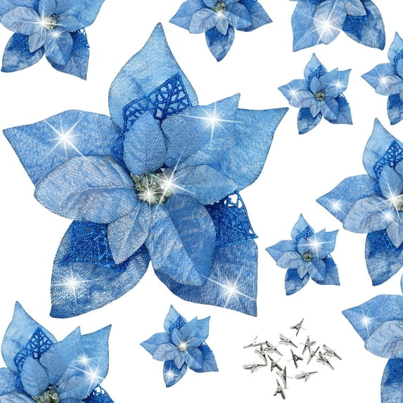15 Pieces Christmas Glitter Poinsettia with Clips,Artificial Flowers Ornament Christmas Decoration for New Year Wedding Home 8.7inch/22cm Blue