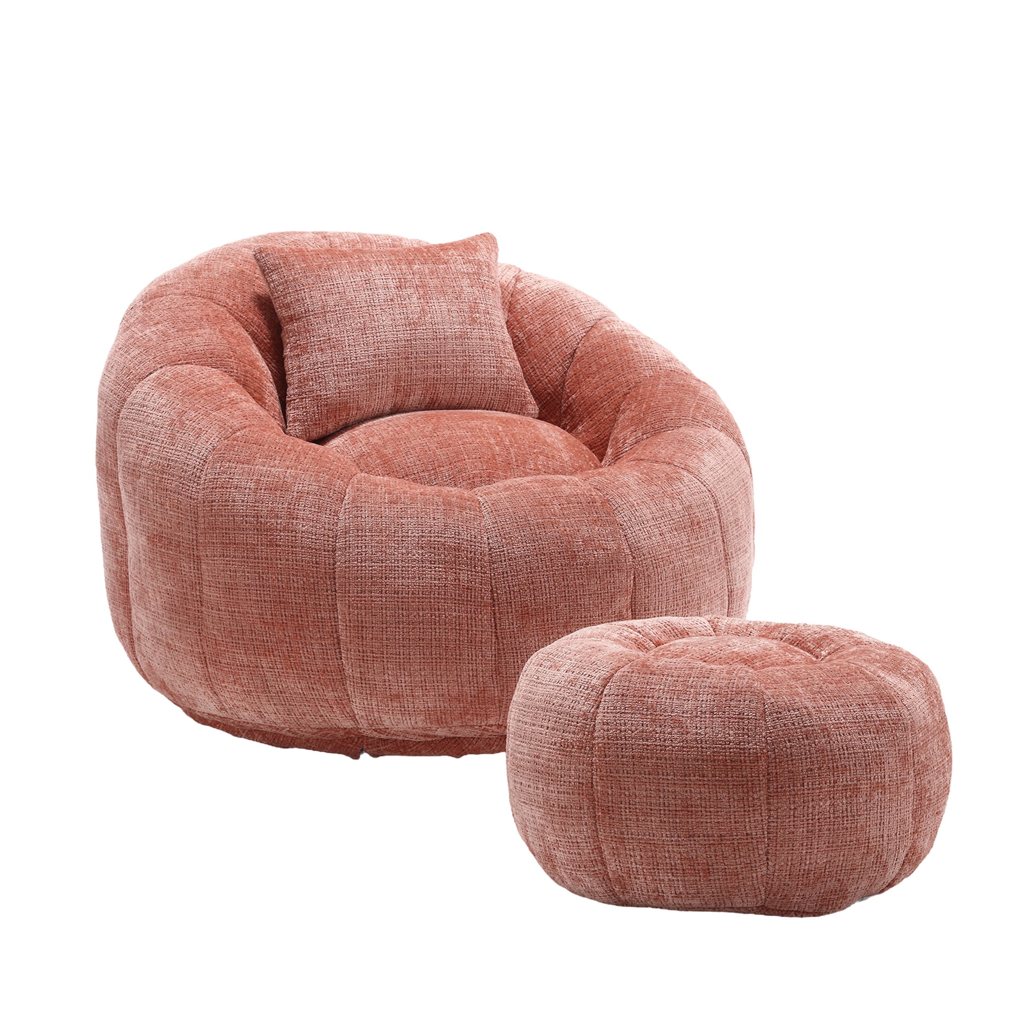 MOONMISS Chenille Upholstered Round Lazy Cozy Bean Bag Chair with Ottoman-PINK