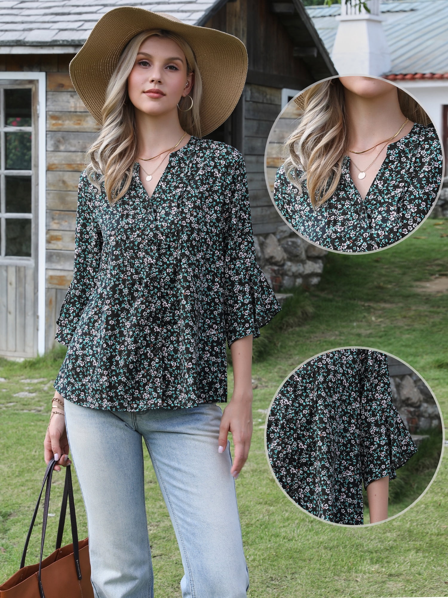 DARING DIVA Women's V Neck 3/4 Sleeves Vintage Casual Floral Shirts S Black
