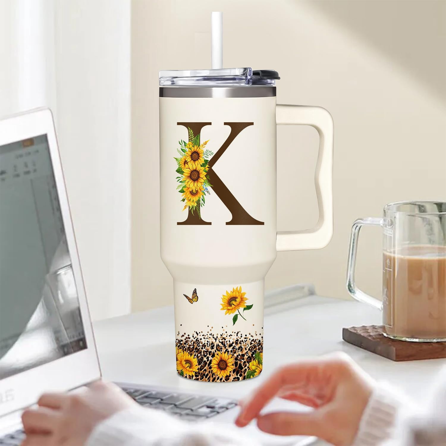 Personalized Birthday Gifts For Women - Sunflowers Monogrammed Cup For Mother's Day - Customized Gifts For Women, Mom, Grandma, Boss Lady, Her - Custom Tumbler With Handle 40oz