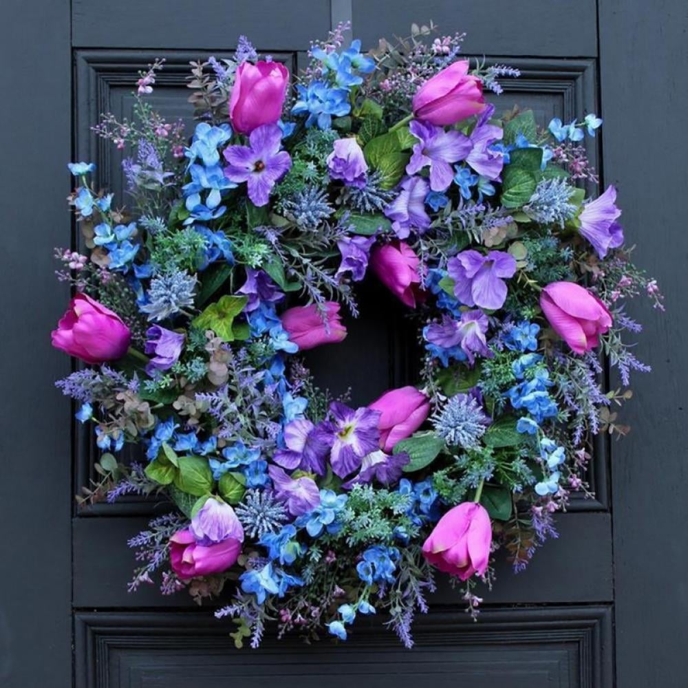 Spring Summer Wreath Front Door Silk Flower Greens Floral Wreaths Handmade 14” 