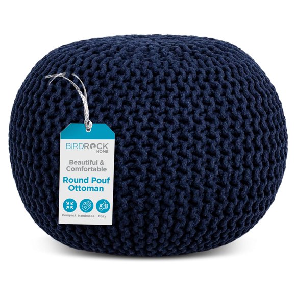 Puf otomano BIRDROCK HOME redondo de algodón trenzado azul marino