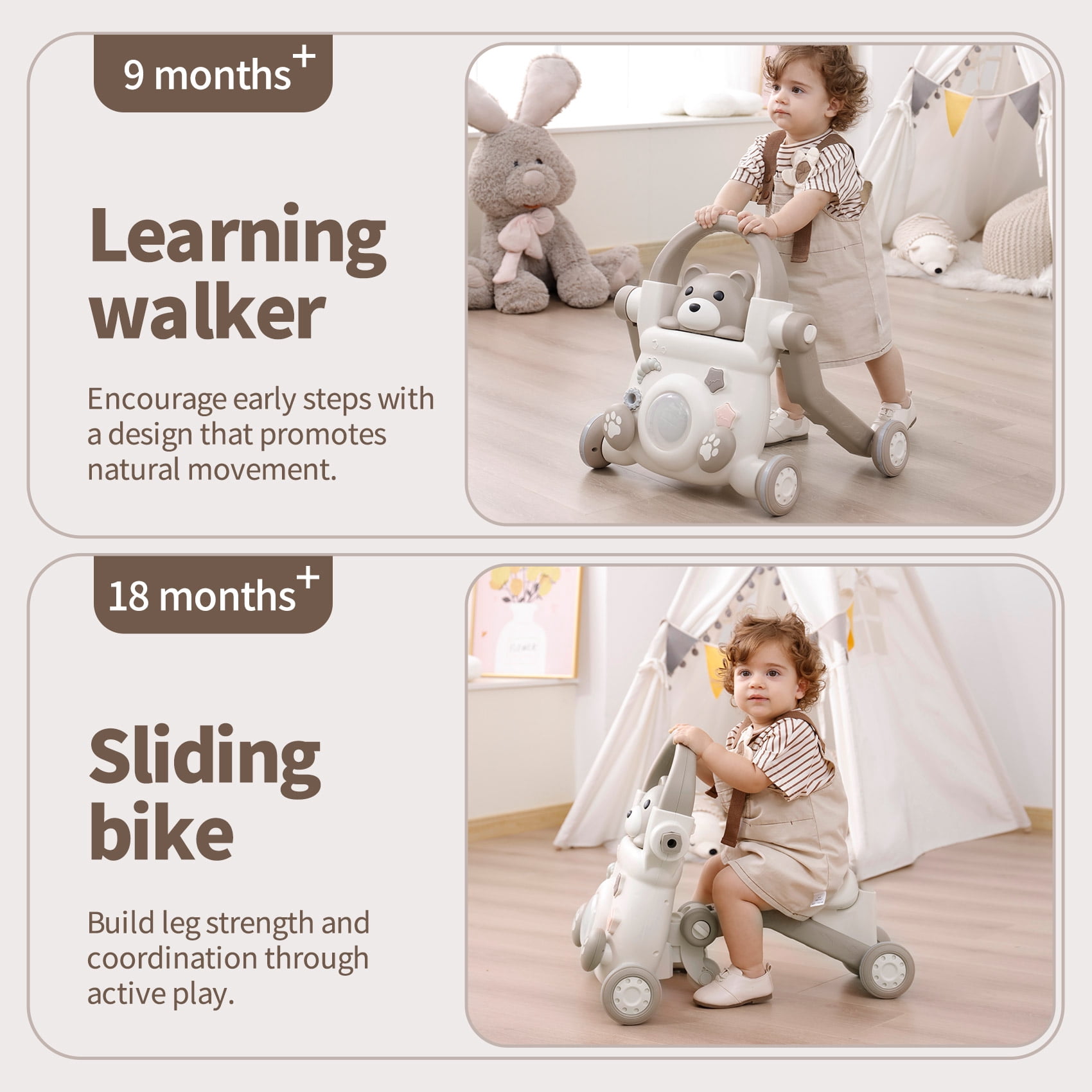 UNICOO® Beginner Steps Companion™ 3-in-1 Baby Sit to Stand Learning Walker, Early Learning Push Toys, Baby Push Walker, Sliding Bike & Push Car, Balance Scooter, Toddler 6-48 (Teddy Brown)