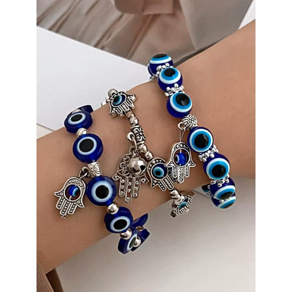 EOEMY 3Pcs/Set Evil Eye Decor Beaded Bracelet Women Bracelet Stackable Bracelet-Default